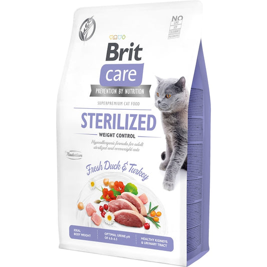 Brit Care Sterilized/Weight Control Grain Free суха храна за кастрирани и котки с наднормено тегло с Патешко и Пуешко 2кг