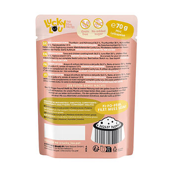 Lucky Lou Chicken Fillet & Tuna Fillet in Jelly Grain Free храна за котки Риба тон и Пилешко филе в желе 70г пауч