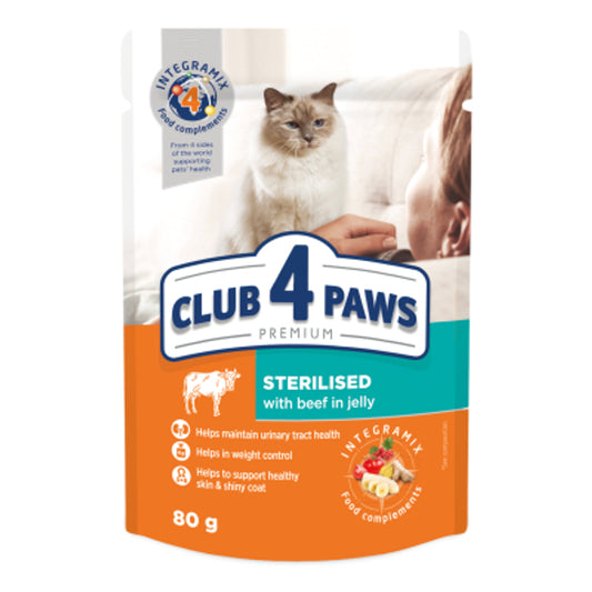 Club 4 paws Sterilised Adult храна за кастрирани котки с Говеждо в желе 80г пауч