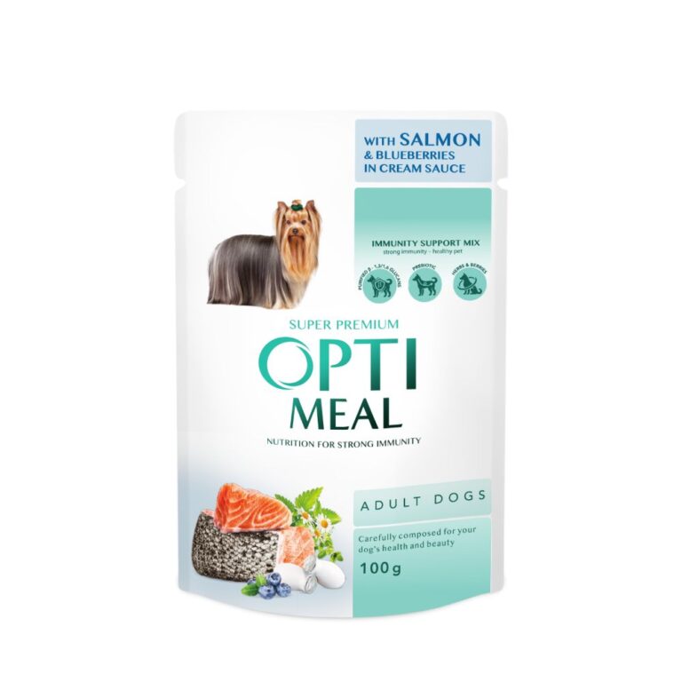 OptiMeal Salmon & Blueberries Adult мокра храна за кучета със Сьомга и Боровинки в сос 100г пауч