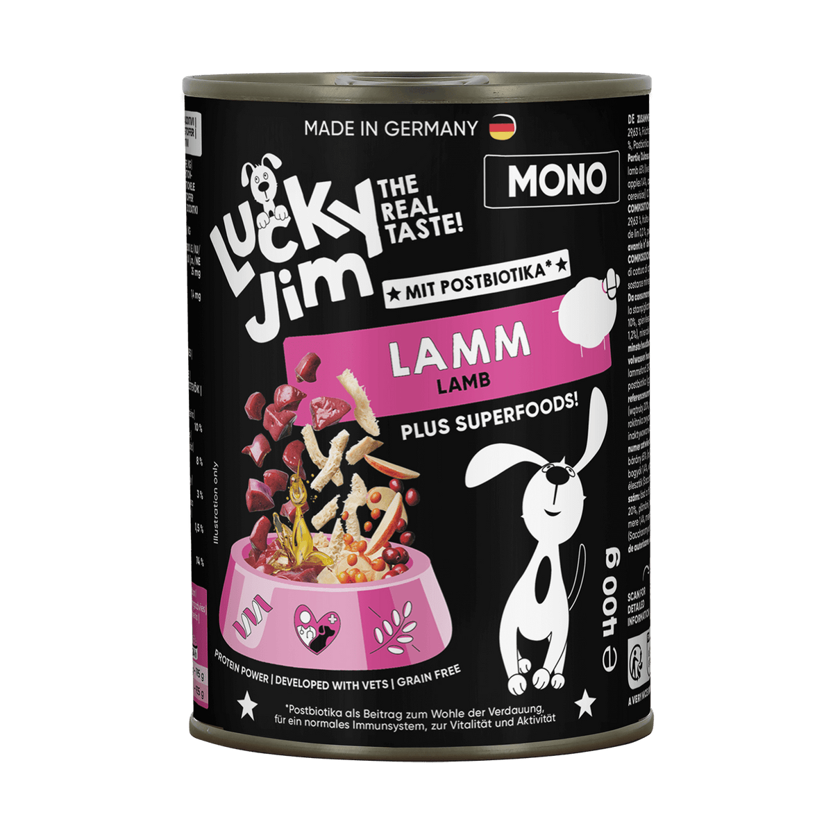 Lucky Jim Mono Lamb Grain Free Monoprotein Adult беззърнена монопротеинова мокра храна за кучета с 65% Агнешко месо, Суперхрани и Постбиотици 400г