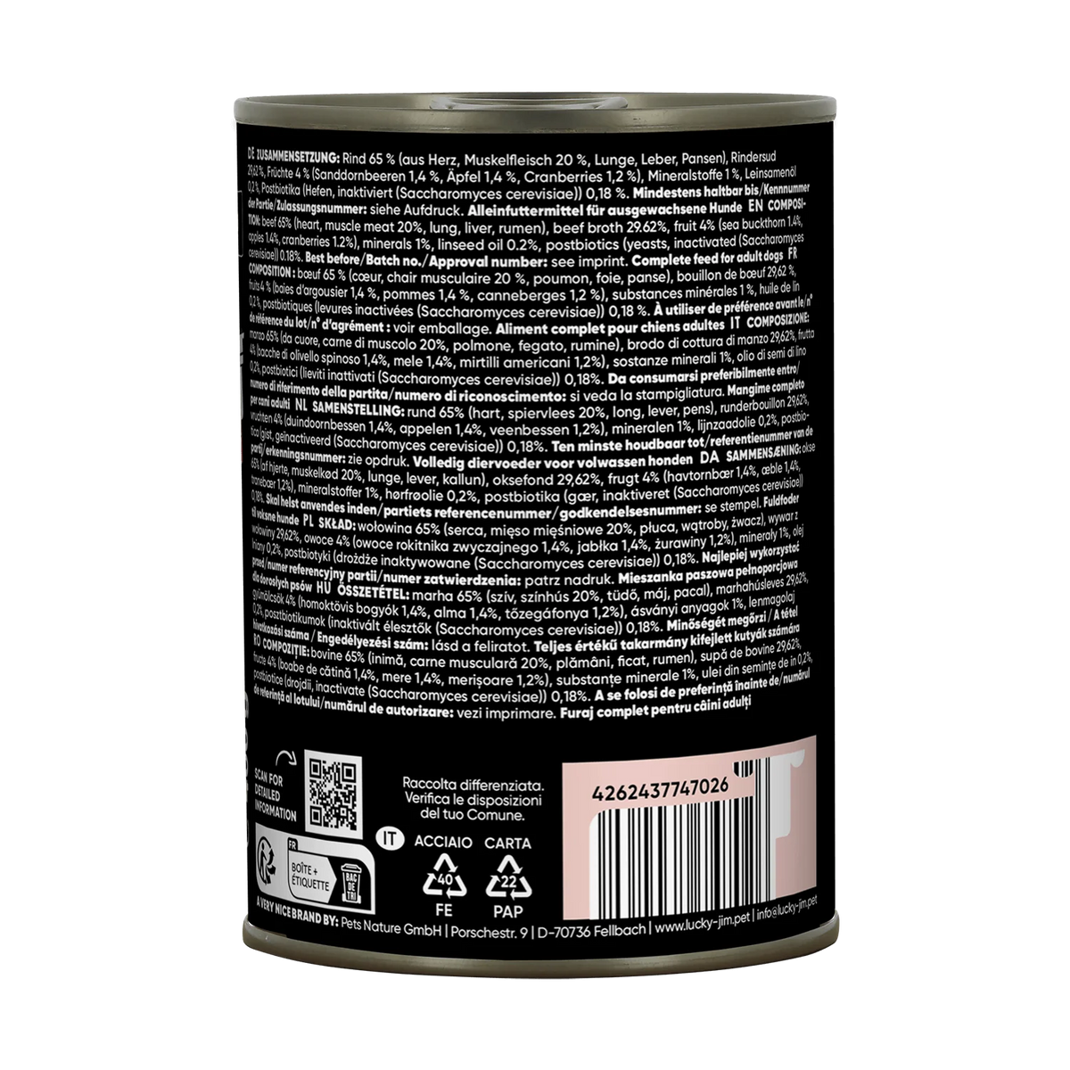 Lucky Jim Mono Beef Grain Free Monoprotein Adult беззърнена монопротеинова мокра храна за кучета с 65% Телешко месо, Суперхрани и Постбиотици 400г