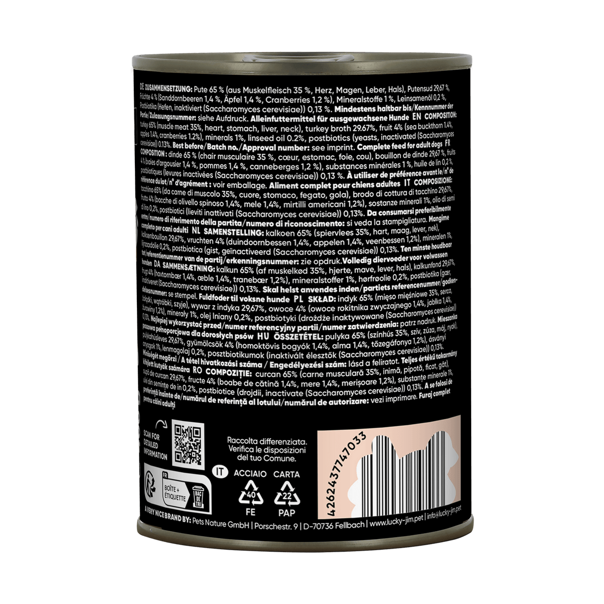 Lucky Jim Mono Turkey Grain Free Monoprotein Adult беззърнена монопротеинова мокра храна за кучета с 65% Пуешко месо, Суперхрани и Постбиотици 400г