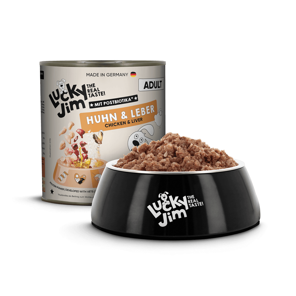 Lucky Jim Chicken & Liver Adult мокра храна за кучета с 65% Пилешко месо и Черен дроб, Постбиотици и Зеленоуста мида 800г