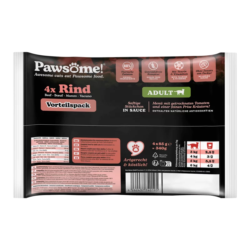 Pawsome! Beef Grain Free Adult храна за котки с Телешко месо, Суперхрани и Фини Билки 4 х 85г пауч