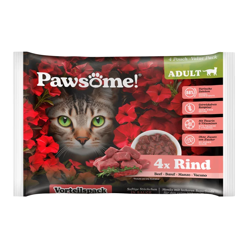Pawsome! Beef Grain Free Adult храна за котки с Телешко месо, Суперхрани и Фини Билки 4 х 85г пауч