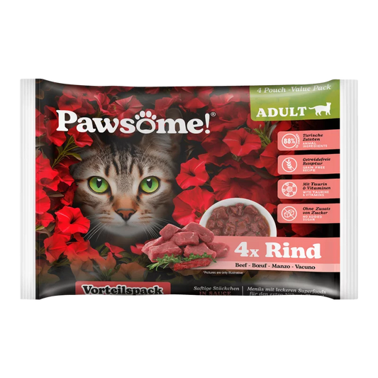 Pawsome! Beef Grain Free Adult храна за котки с Телешко месо, Суперхрани и Фини Билки 4 х 85г пауч