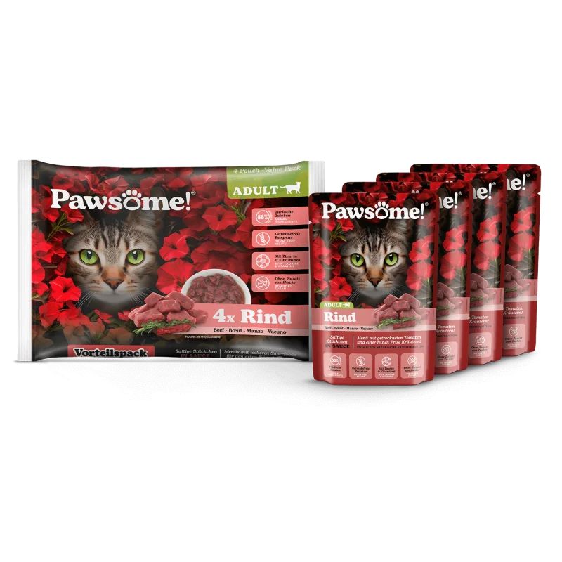 Pawsome! Beef Grain Free Adult храна за котки с Телешко месо, Суперхрани и Фини Билки 4 х 85г пауч