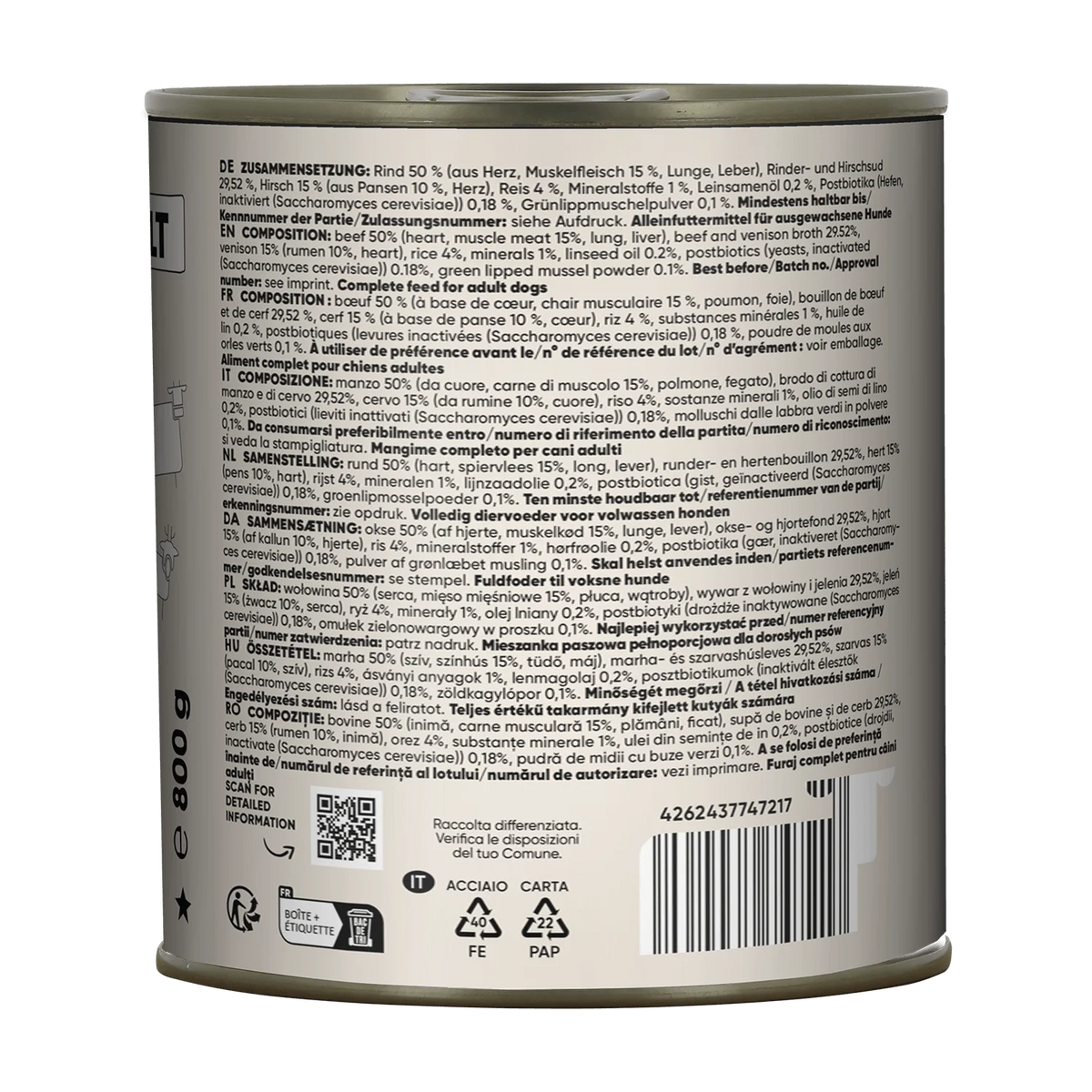 Lucky Jim Beef & Venison Adult мокра храна за кучета с 65% Телешко и Еленско месо, Постбиотици и Зеленоуста мида 800г