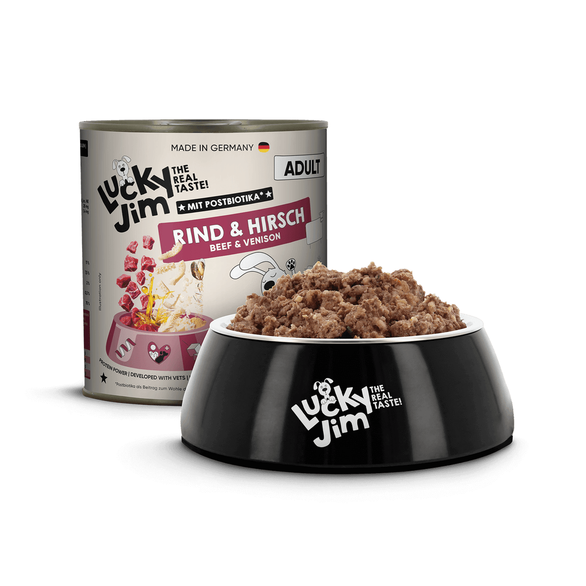 Lucky Jim Beef & Venison Adult мокра храна за кучета с 65% Телешко и Еленско месо, Постбиотици и Зеленоуста мида 800г
