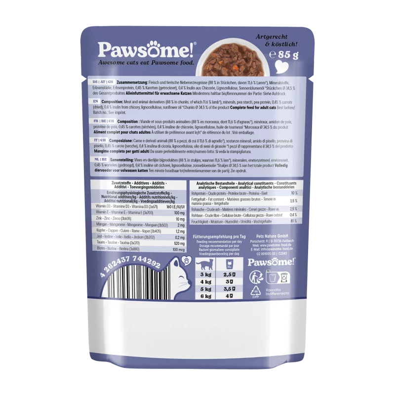 Pawsome! Lamb Grain Free Adult храна за котки с Агнешко месо, Суперхрани и Фини Билки 85г пауч
