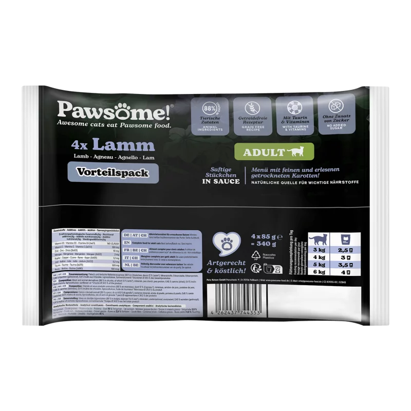 Pawsome! Lamb Grain Free Adult храна за котки с Агнешко месо, Суперхрани и Фини Билки 4 х 85г пауч