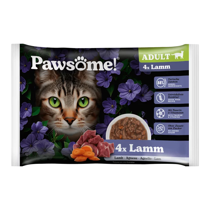 Pawsome! Lamb Grain Free Adult храна за котки с Агнешко месо, Суперхрани и Фини Билки 4 х 85г пауч