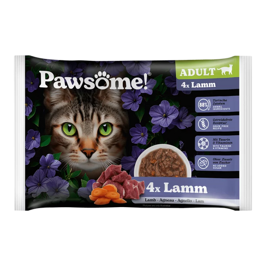Pawsome! Lamb Grain Free Adult храна за котки с Агнешко месо, Суперхрани и Фини Билки 4 х 85г пауч