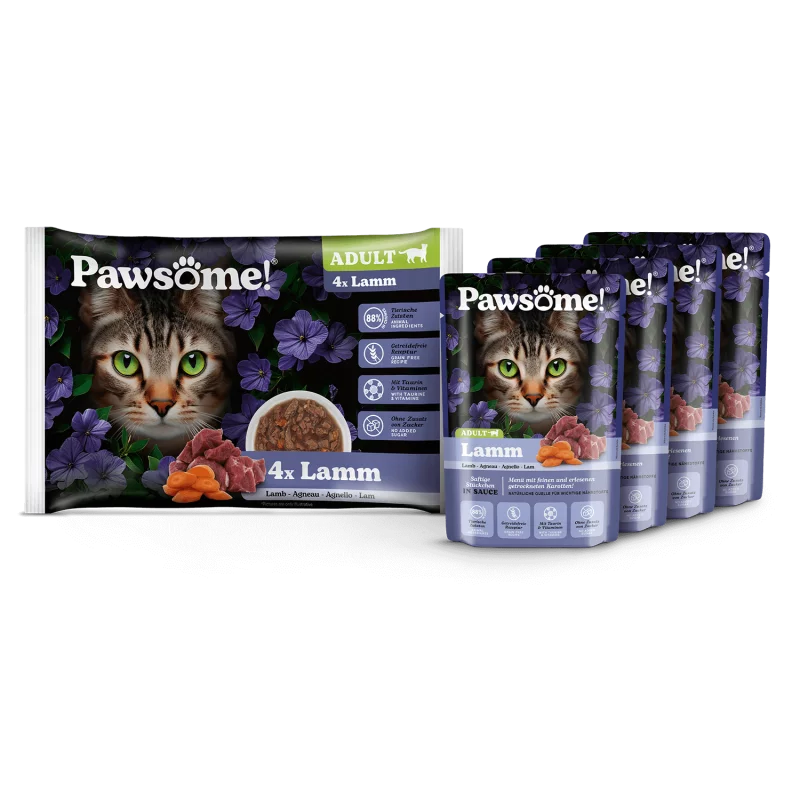 Pawsome! Lamb Grain Free Adult храна за котки с Агнешко месо, Суперхрани и Фини Билки 4 х 85г пауч