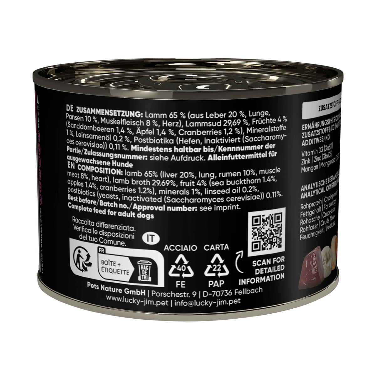 Lucky Jim Mini Lamb & Superfoods Grain Free Monoprotein Adult беззърнена монопротеинова мокра храна за кучета от дребни породи с 65% Агнешко месо, Постбиотици и Суперхрани 200г