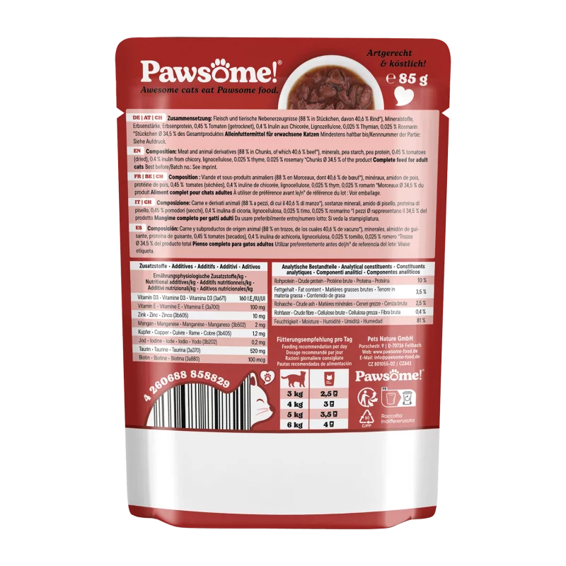 Pawsome! Beef Grain Free Adult храна за котки с Телешко месо, Суперхрани и Фини Билки 85г пауч