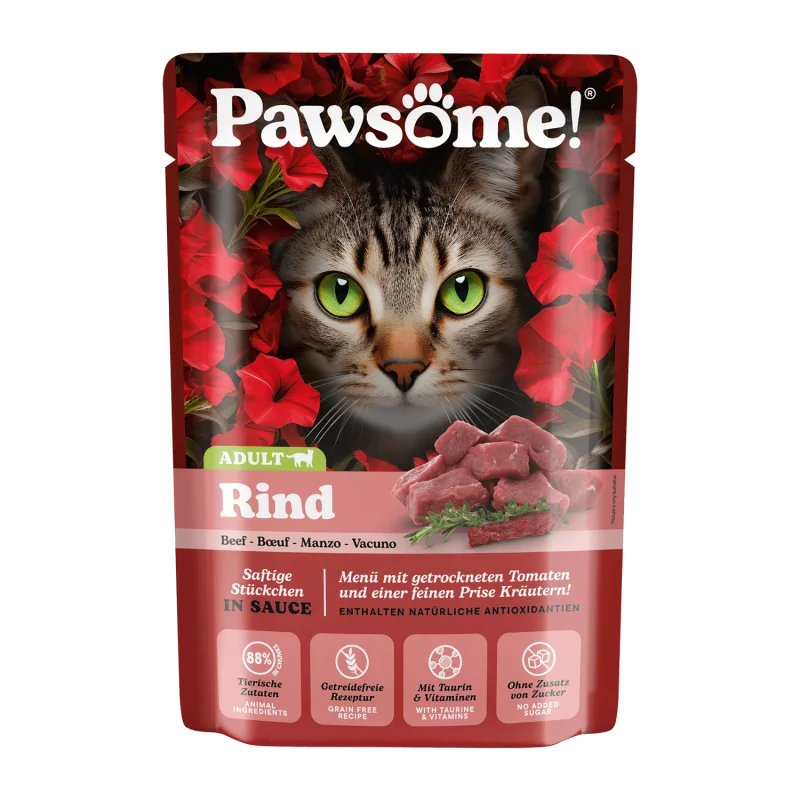 Pawsome! Beef Grain Free Adult храна за котки с Телешко месо, Суперхрани и Фини Билки 85г пауч