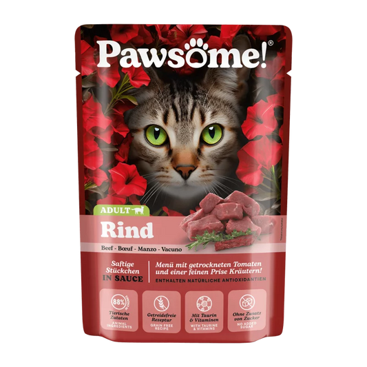 Pawsome! Beef Grain Free Adult храна за котки с Телешко месо, Суперхрани и Фини Билки 85г пауч