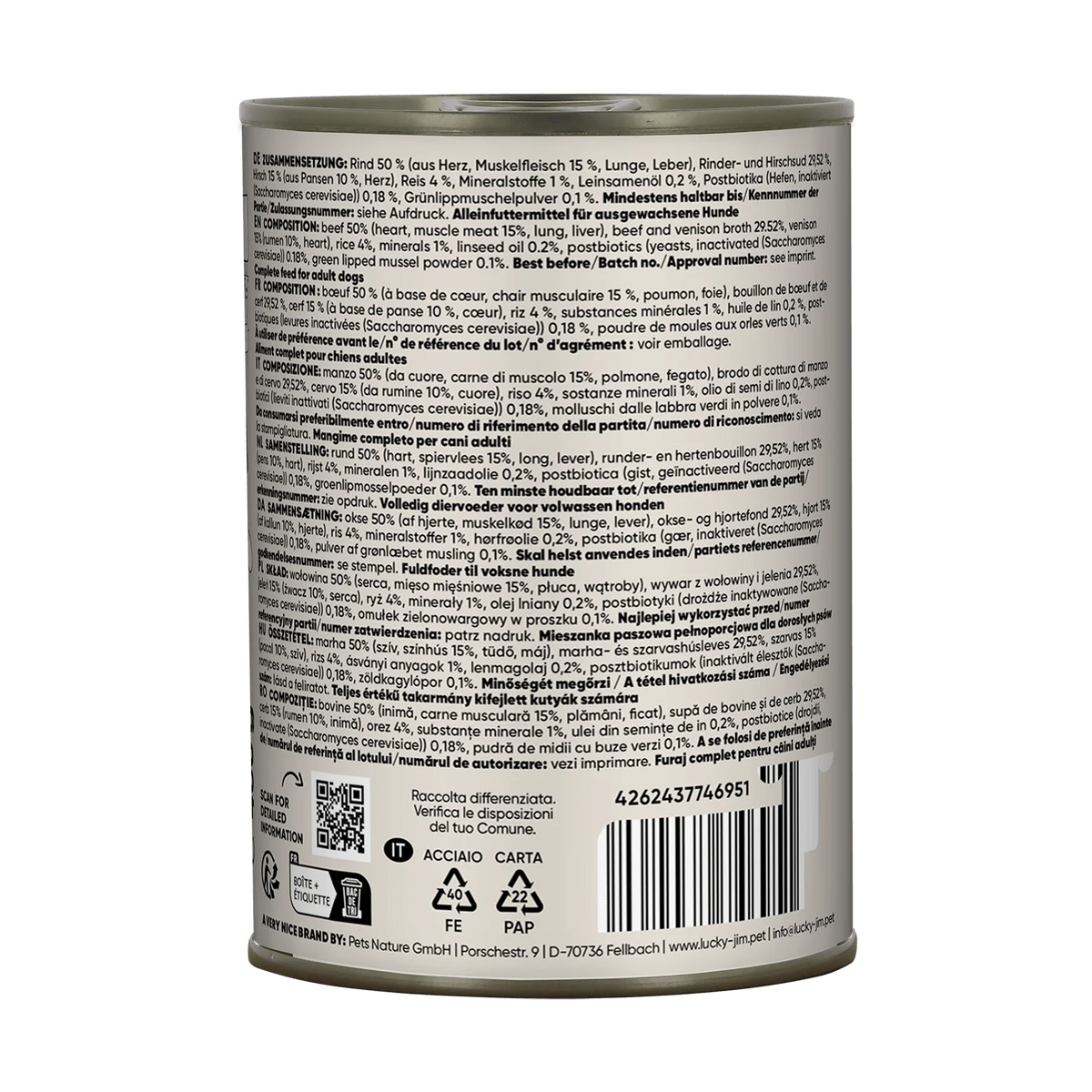 Lucky Jim Beef & Venison Adult мокра храна за кучета с 65% Телешко и Еленско месо, Постбиотици и Зеленоуста мида 400г