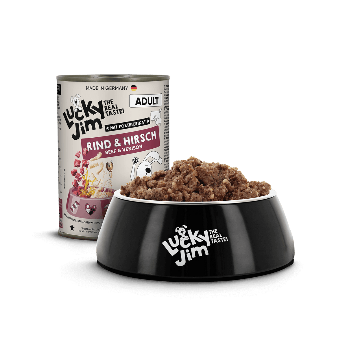 Lucky Jim Beef & Venison Adult мокра храна за кучета с 65% Телешко и Еленско месо, Постбиотици и Зеленоуста мида 400г
