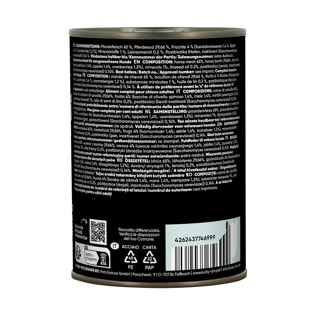Lucky Jim Mono Horse Grain Free Monoprotein Adult беззърнена монопротеинова мокра храна за кучета с 65% Конско месо, Суперхрани и Постбиотици 400г
