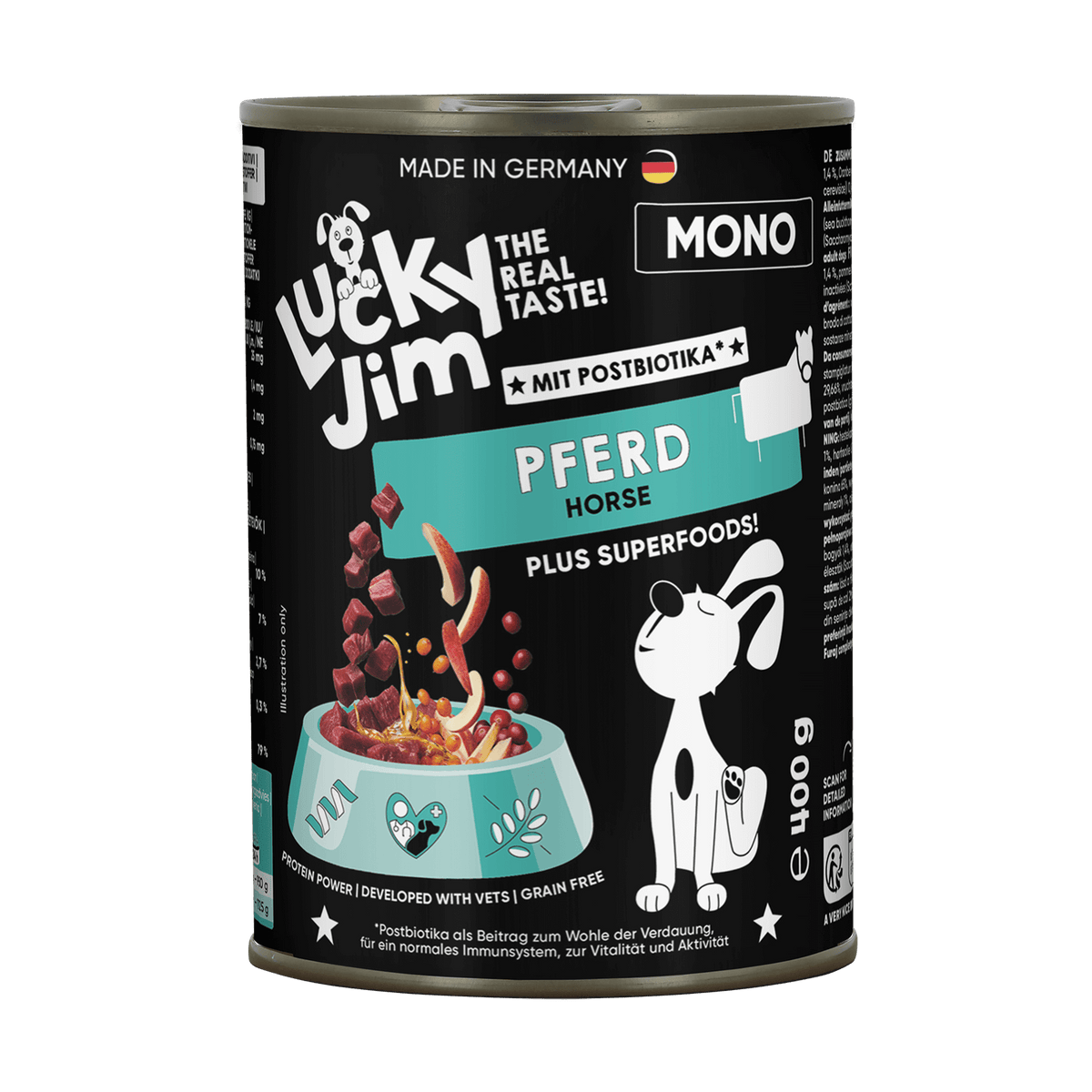 Lucky Jim Mono Horse Grain Free Monoprotein Adult беззърнена монопротеинова мокра храна за кучета с 65% Конско месо, Суперхрани и Постбиотици 400г