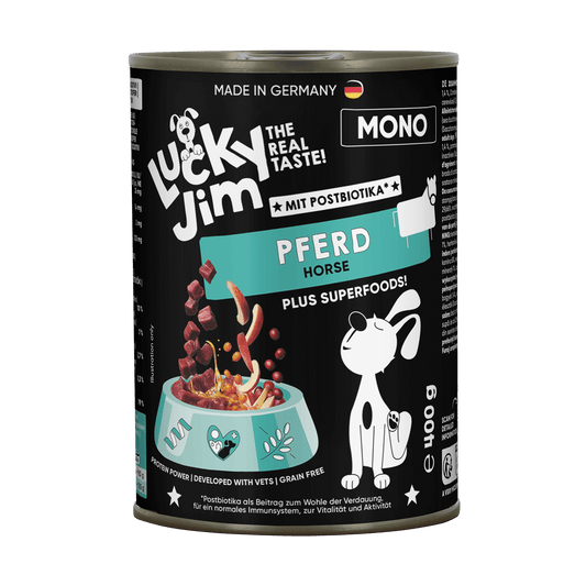 Lucky Jim Mono Horse Grain Free Monoprotein Adult беззърнена монопротеинова мокра храна за кучета с 65% Конско месо, Суперхрани и Постбиотици 400г