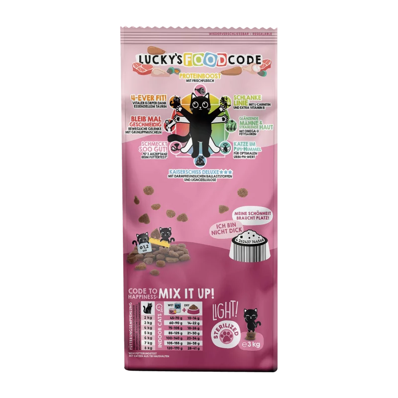 Lucky Lou Food Code Poultry & Fresh Lamb Grain Free Light & Sterilized храна за кастрирани и капризни котки с Птиче и Агнешко месо 3кг