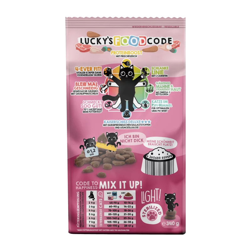 Lucky Lou Food Code Poultry & Fresh Lamb Grain Free Light & Sterilized храна за кастрирани котки с Птиче и Агнешко месо 340г