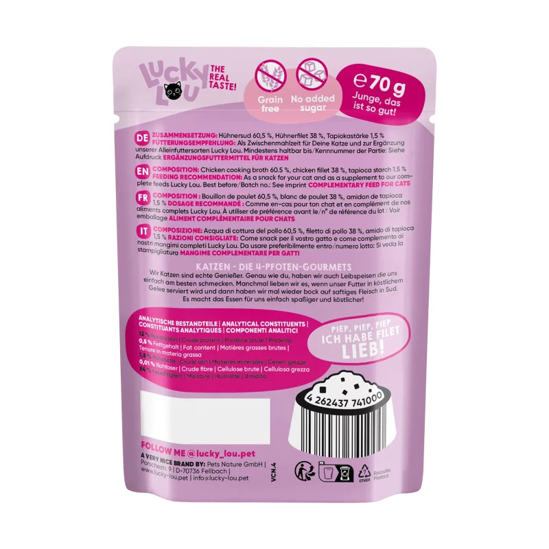 Lucky Lou Pure Chicken Fillet in Jelly Grain Free Monoprotein храна за котки чисто Пилешко филе в желе 70г пауч