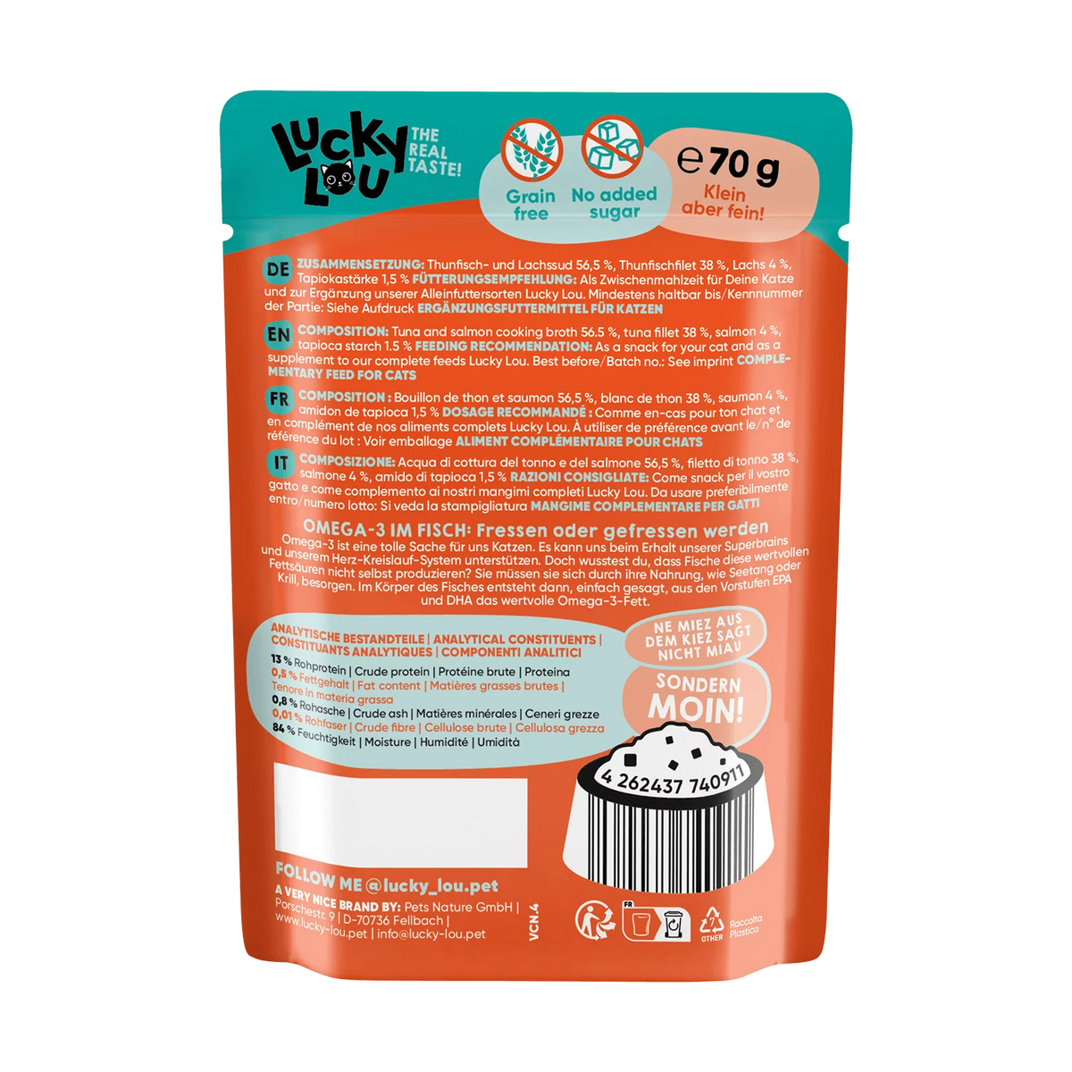 Lucky Lou Extra Food Tuna Fillet With Salmon Grain Free пауч за котки без зърно с филета от Риба тон и Сьомга 70г