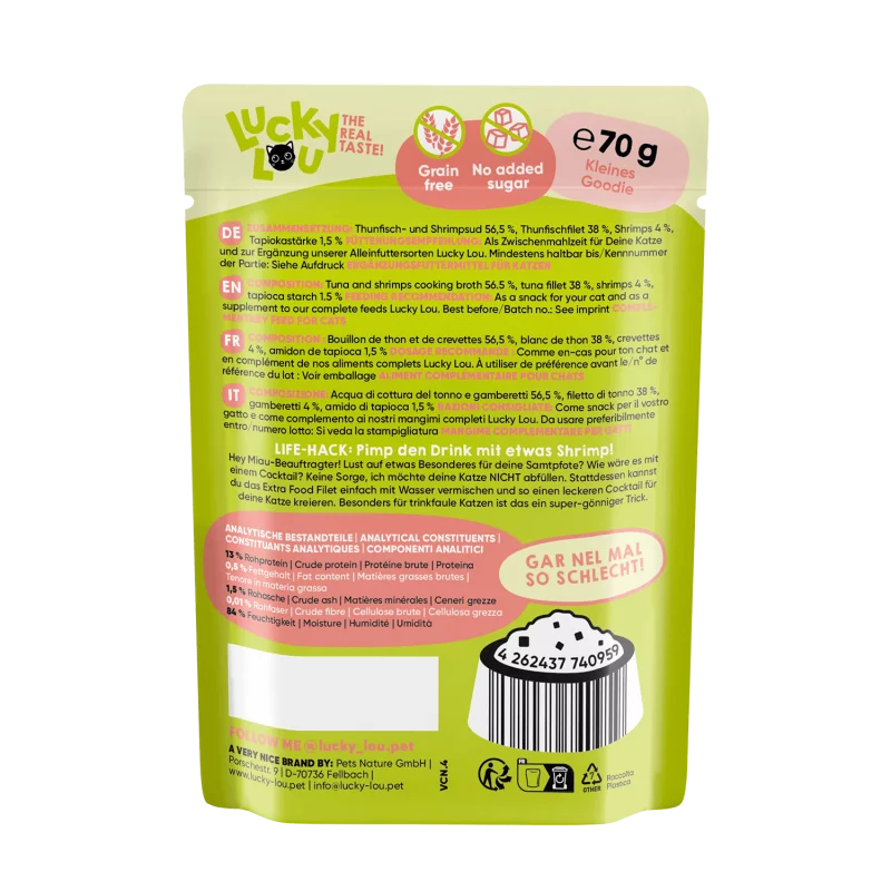 Lucky Lou Tuna Fillet with Shrimps in Jelly Grain Free храна за котки Риба Тон филе и Скариди в желе 70г пауч