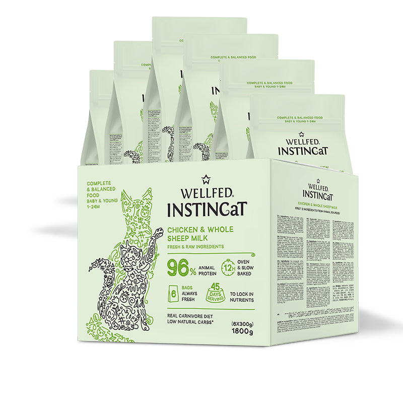 Wellfed InstinCaT Chicken & Whole Sheep Milk Baby & Young бавно изпечена на фурна храна за подрастващи и млади котки с Пилешко и Овче Мляко 6х300г
