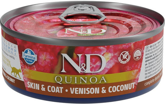 N&D Quinoa Skin&Coat Adult храна за котки с Еленско и Кокос 80г конс.