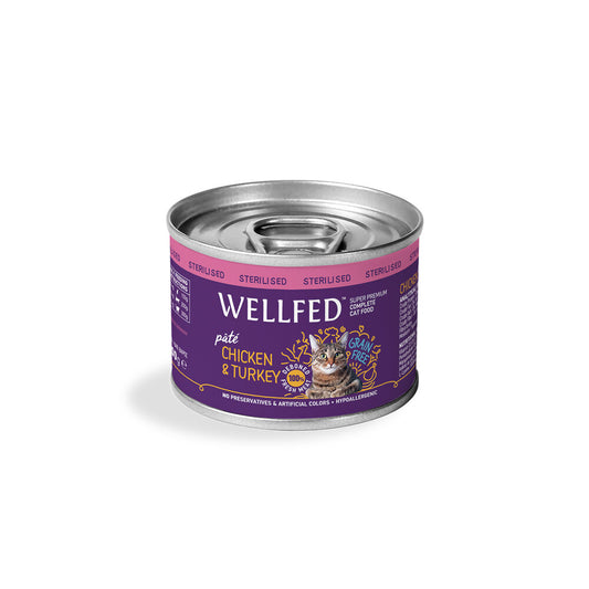 Wellfed Super Premium Hypoallergenic Grain Free Sterilised Adult пастет за кастрирани котки с Пилешко и Пуешко 200г конс.