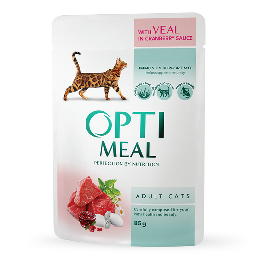 OptiMeal Veal in Cranberry sauce Adult храна за котки с Телешко в сос от Червени Боровинки 85г пауч