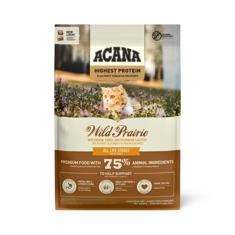 Acana Highest Protein Wild Prairie суха храна за котки от всички породи и възрасти с пилешко, пуешко, херинга и пъстърва 4,5кг