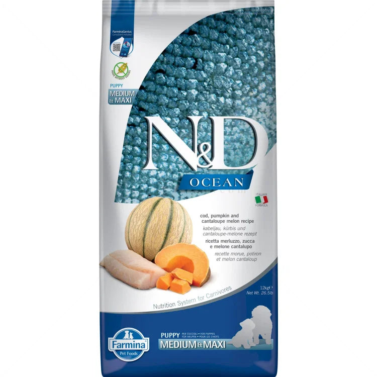 N&D Ocean Cod Pumpkin & Melon Grain Free Medium/Maxi Puppy храна за подрастващи кучета от средни и едри породи с Тиква, Риба Треска и Пъпеш 12кг