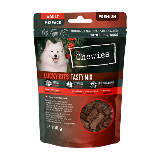 Chewies Lucky Bits Tasty Mix Adult беззърнено меко лакомство за кучета с над 80% месо 100 г