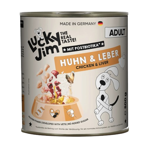Lucky Jim Chicken & Liver Adult мокра храна за кучета с 65% Пилешко месо и Черен дроб, Постбиотици и Зеленоуста мида 800г