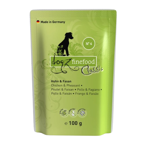 Dogz Finefood Classic Chicken & Pheasant Gourmet Grain Free Puppy & Adult мокра храна за кучета с 50% Пиле и 15% Фазан, Киноа и Тиква 100г пауч