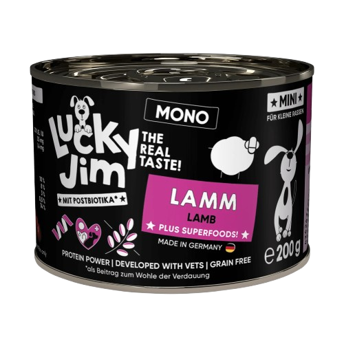 Lucky Jim Mini Lamb & Superfoods Grain Free Monoprotein Adult беззърнена монопротеинова мокра храна за кучета от дребни породи с 65% Агнешко месо, Постбиотици и Суперхрани 200г