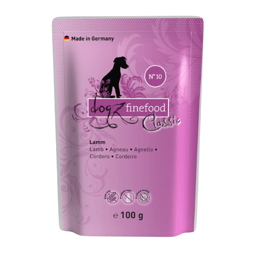 Dogz Finefood Classic Lamb Gourmet Grain Free Monoprotein Puppy & Adult монопротеинова мокра храна за кучета с 65% Агнешко, Тиквички и Червени боровинки 100г пауч
