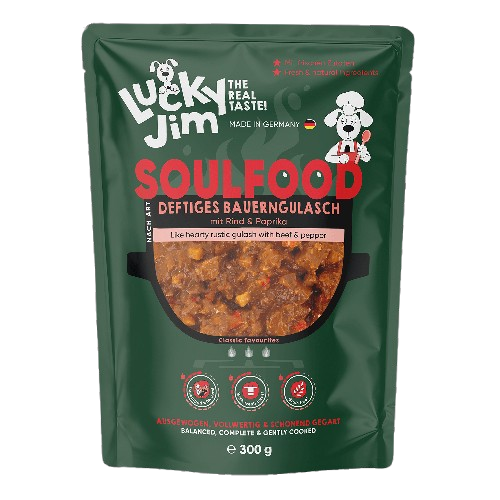 Lucky Jim Soulfood Grain Free Фермерски гулаш пауч за кучета с 50% Телешко месо и Зеленчуци 300 г