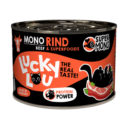 Lucky Lou SuperMono Beef Grain Free монопротеинова мокра храна за котки с 65% телешко месо и суперхрани 200 г
