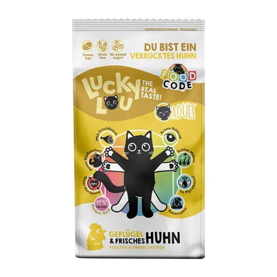 Lucky Lou Food Code Lifestage Adult храна за капризни котки с 64% птиче месо и 20% прясно пилешко 340г