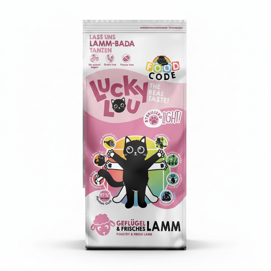 Lucky Lou Food Code Poultry & Fresh Lamb Grain Free Light & Sterilized храна за кастрирани и капризни котки с 40,5% птиче месо и 20% прясно агнешко 3 кг