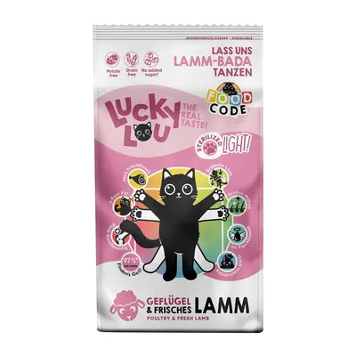 Lucky Lou Food Code Poultry & Fresh Lamb Grain Free Light & Sterilized храна за кастрирани и капризни котки с 40,5% птиче месо и 20% прясно агнешко 340г