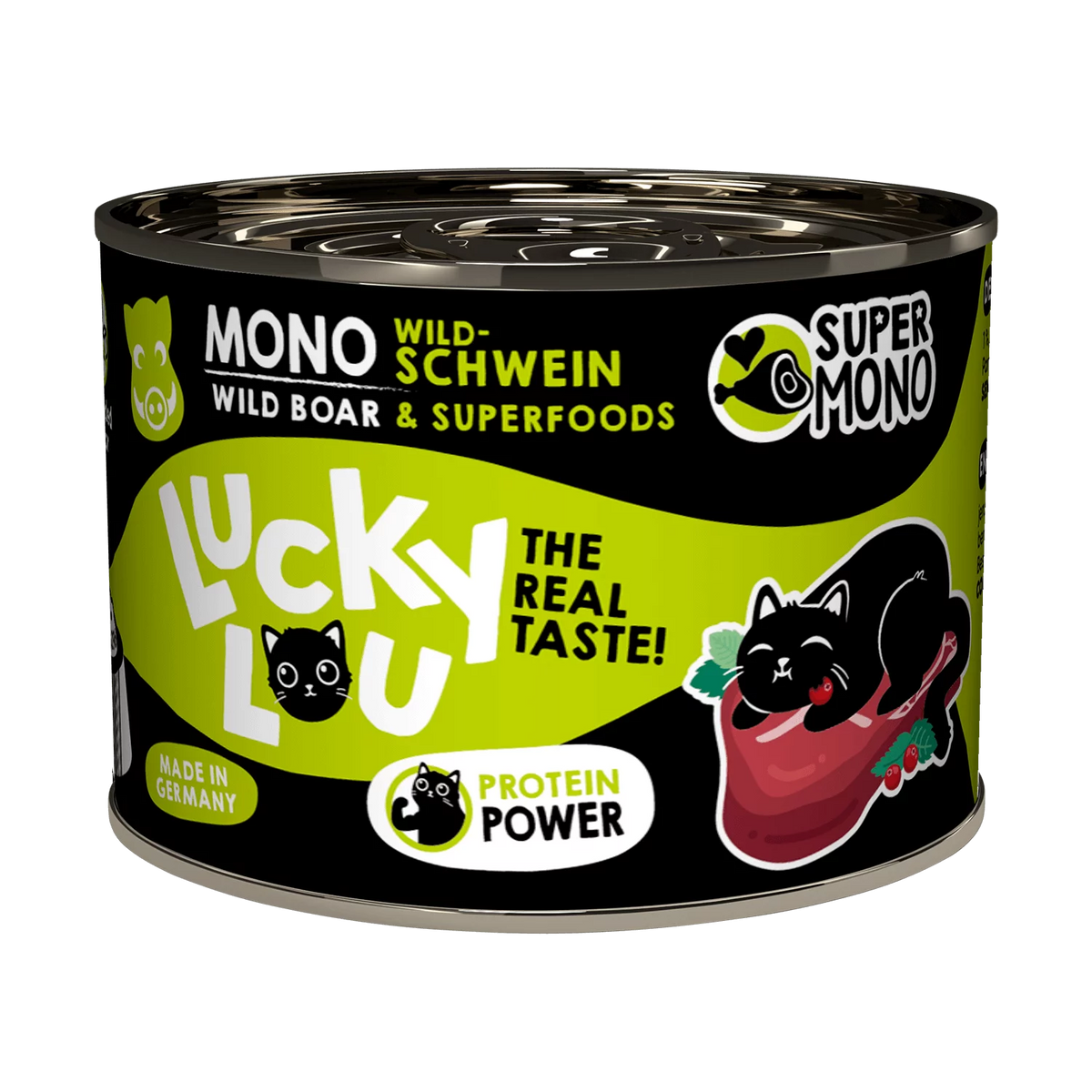 Lucky Lou SuperMono Wild Boar Grain Free монопротеинова мокра храна за котки с 65% месо от диво прасе и суперхрани 200г